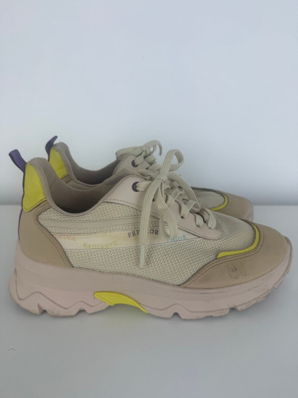 Bebece Womens Chunky Platform Sneakers Mesh Lace Yellow Trim Beige Shoes EU 36